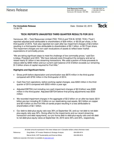 Thumbnail Teck Resources
 Quarterly Report 2015-q3