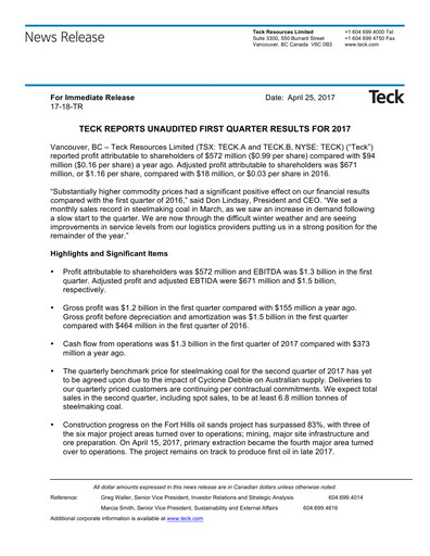 Thumbnail Teck Resources
 Quarterly Report 2017-q1