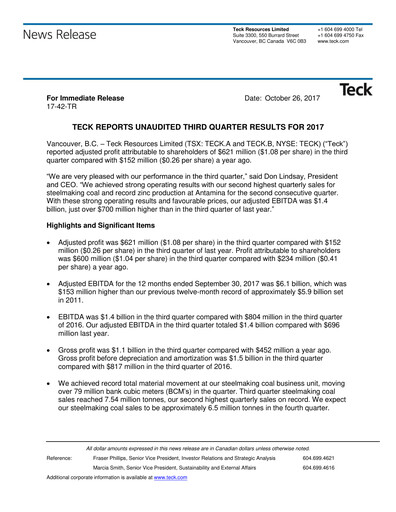 Thumbnail Teck Resources
 Quarterly Report 2017-q3