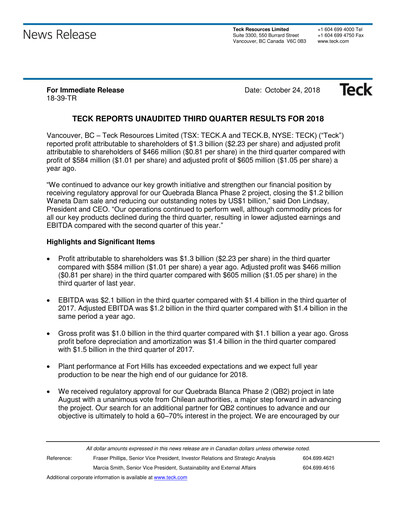 Thumbnail Teck Resources
 Quarterly Report 2018-q3