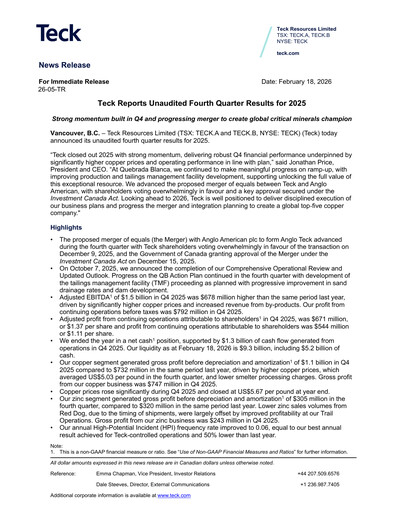 Miniature Teck Resources
 Rapport trimestriel 2025-q4