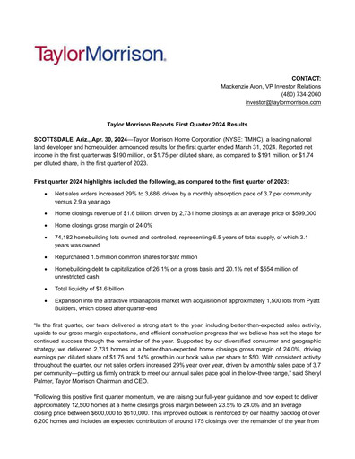 Thumbnail Taylor Morrison
 Quarterly Report 2024-q1