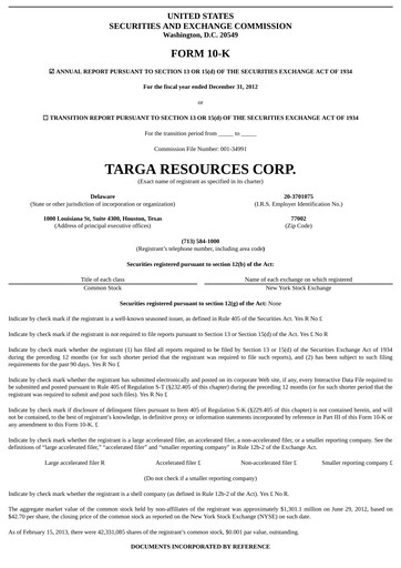 Thumbnail Targa Resources
 Annual Report 2012