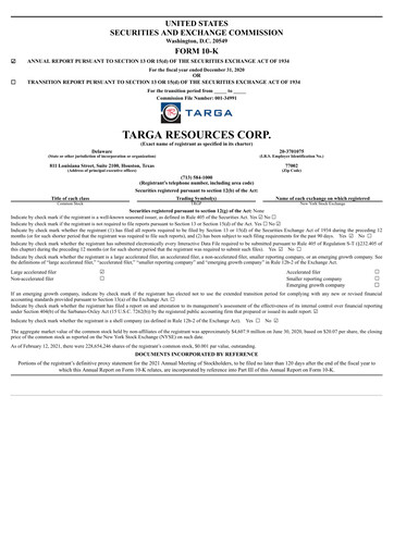 Thumbnail Targa Resources
 Annual Report 2020