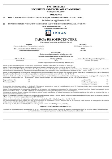 Thumbnail Targa Resources
 Annual Report 2022
