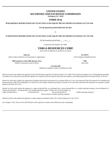 Thumbnail Targa Resources
 Quarterly Report 2011-q2
