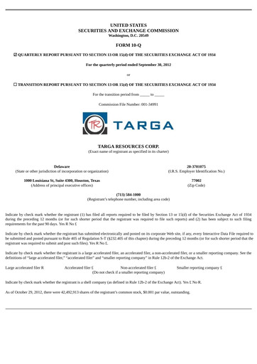 Thumbnail Targa Resources
 Quarterly Report 2012-q3