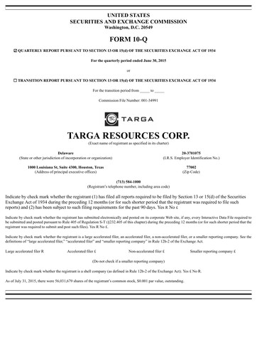 Thumbnail Targa Resources
 Quarterly Report 2015-q2