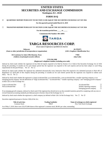 Thumbnail Targa Resources
 Quarterly Report 2019-q1