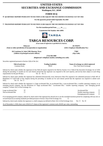 Thumbnail Targa Resources
 Quarterly Report 2020-q3