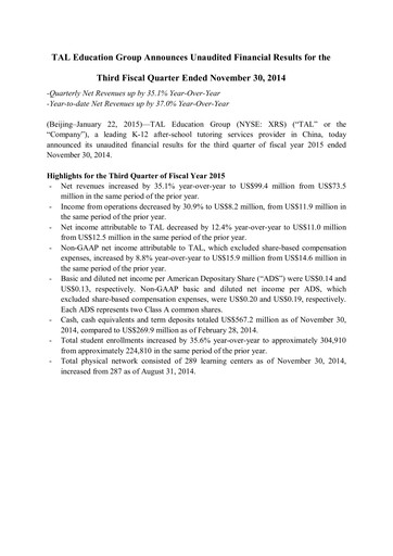 Thumbnail TAL Education Group Quarterly Report 2015-q3