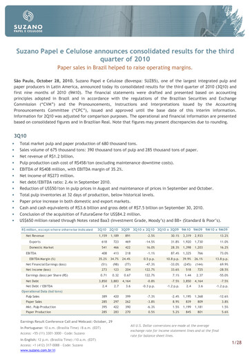 Miniature Suzano Rapport trimestriel 2010-q3