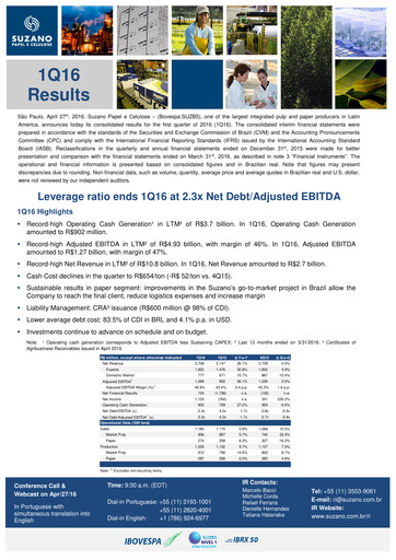 Miniature Suzano Rapport trimestriel 2016-q1