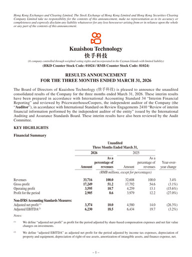 Thumbnail Kuaishou Technology Quarterly Report 2026-q1