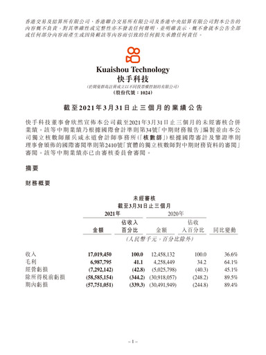 Thumbnail Kuaishou Technology Quarterly Report 2021-q1