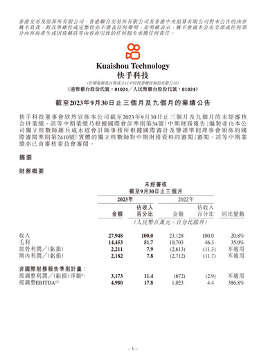 Thumbnail Kuaishou Technology Quarterly Report 2023-q3