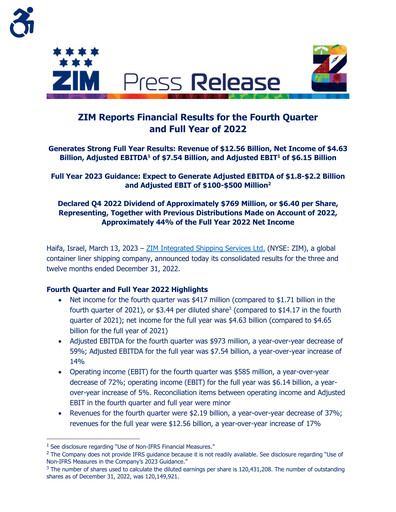 Thumbnail ZIM Integrated Shipping Services Financial Report 2022