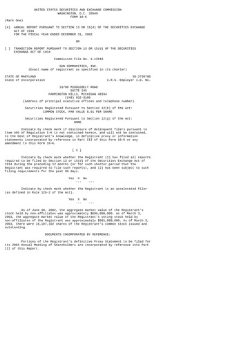 Thumbnail Sun Communities
 Annual Report 2002
