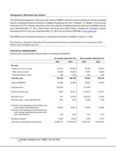 Thumbnail Badger Infrastructure Solutions Quarterly Report 2015-q2