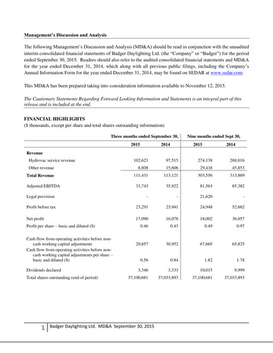 Thumbnail Badger Infrastructure Solutions Quarterly Report 2015-q3