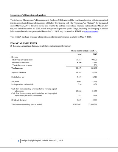 Thumbnail Badger Infrastructure Solutions Quarterly Report 2016-q1