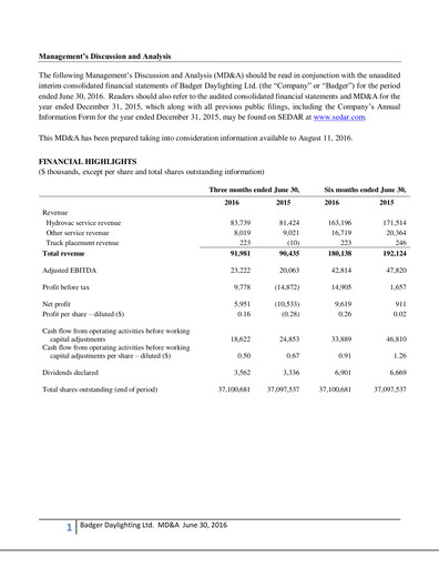 Thumbnail Badger Infrastructure Solutions Quarterly Report 2016-q2