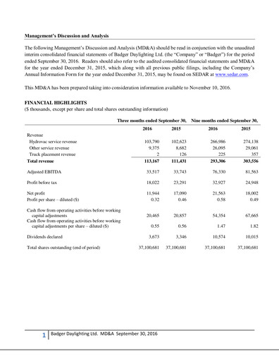 Thumbnail Badger Infrastructure Solutions Quarterly Report 2016-q3