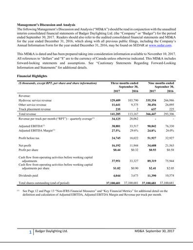 Thumbnail Badger Infrastructure Solutions Quarterly Report 2017-q3