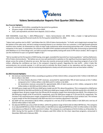 Miniature Valens Semiconductor Rapport trimestriel 2025-q1