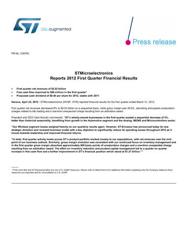 Thumbnail STMicroelectronics Quarterly Report 2012-q1