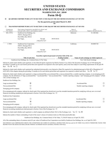 Thumbnail Southwest Gas
 Quarterly Report 2023-q1