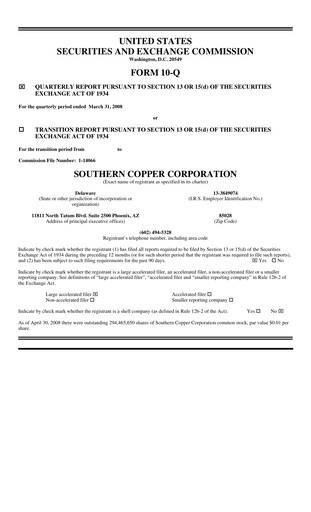 Miniature Southern Copper Rapport trimestriel 2008-q1