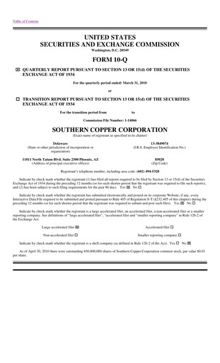 Miniature Southern Copper Rapport trimestriel 2010-q1