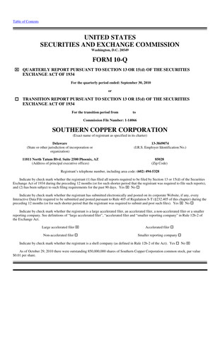 Miniature Southern Copper Rapport trimestriel 2010-q3