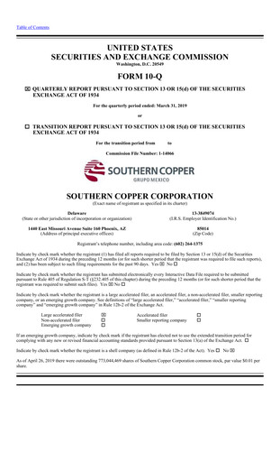 Miniature Southern Copper Rapport trimestriel 2019-q1