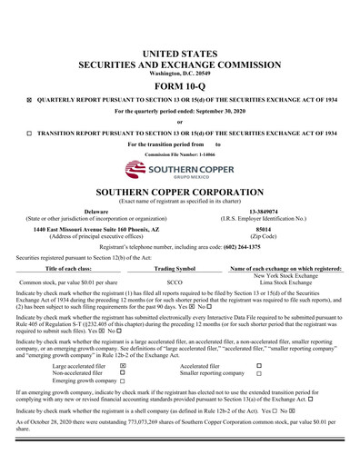 Miniature Southern Copper Rapport trimestriel 2020-q3