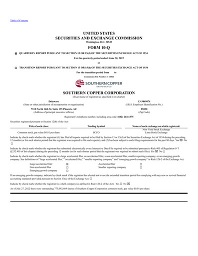 Miniature Southern Copper Rapport trimestriel 2022-q2