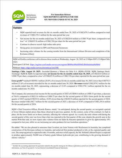 Thumbnail Sociedad Química y Minera Quarterly Report 2025-q2