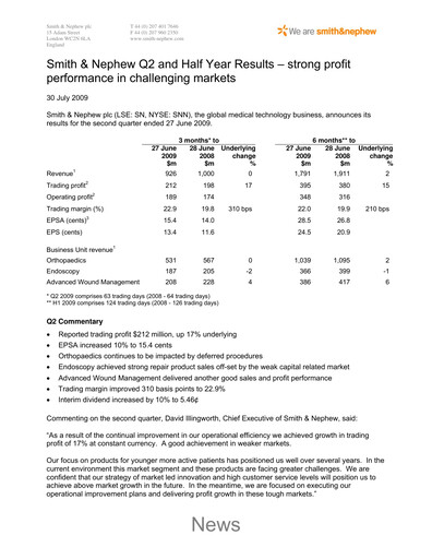 Thumbnail Smith & Nephew
 Half-year Report 2009-h1