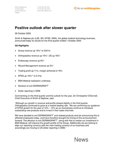 Thumbnail Smith & Nephew
 Quarterly Report 2005-q3