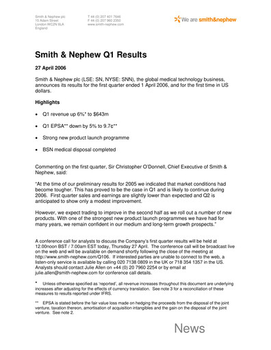Thumbnail Smith & Nephew
 Quarterly Report 2006-q1
