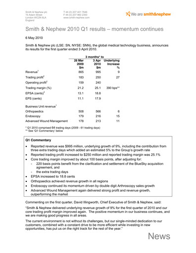 Thumbnail Smith & Nephew
 Quarterly Report 2010-q1