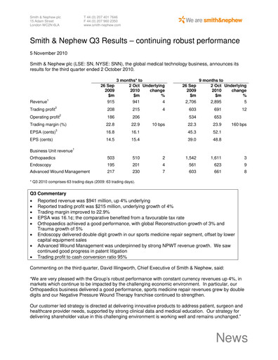 Thumbnail Smith & Nephew
 Quarterly Report 2010-q3