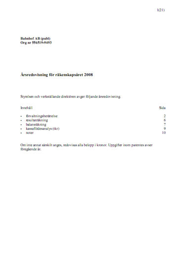 Thumbnail Bahnhof AB Annual Report 2008