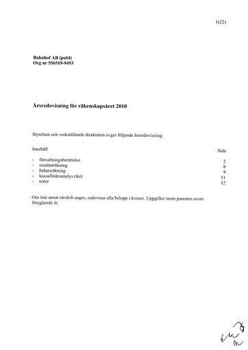 Thumbnail Bahnhof AB Annual Report 2010