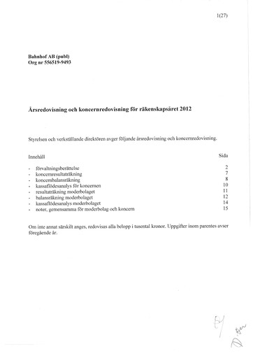 Thumbnail Bahnhof AB Annual Report 2012