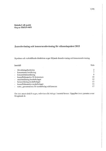 Thumbnail Bahnhof AB Annual Report 2015