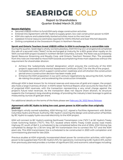 Thumbnail Seabridge Gold
 Quarterly Report 2022-q1
