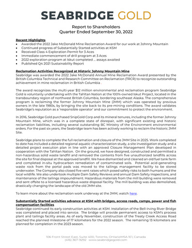 Thumbnail Seabridge Gold
 Quarterly Report 2022-q3