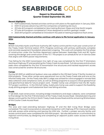 Thumbnail Seabridge Gold
 Quarterly Report 2023-q3